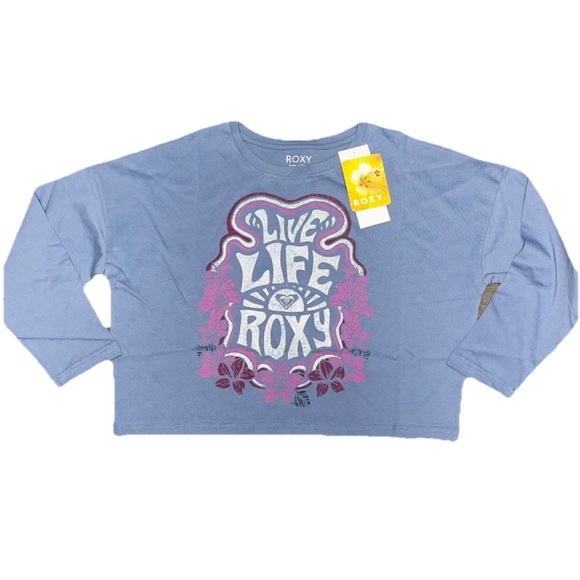 Roxy Blue Boxy Crop Top Long Sleeve Girls Small 7 NWT Beach Surf Live Life - Picture 1 of 6